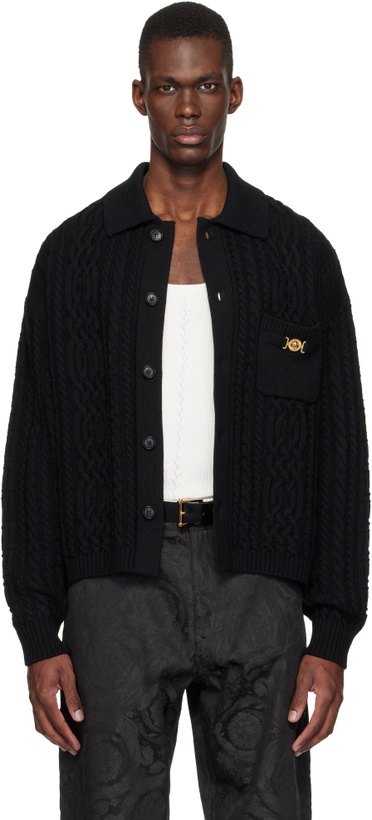 Photo: Versace Black Mixed-Stitch Wool Knit Cardigan