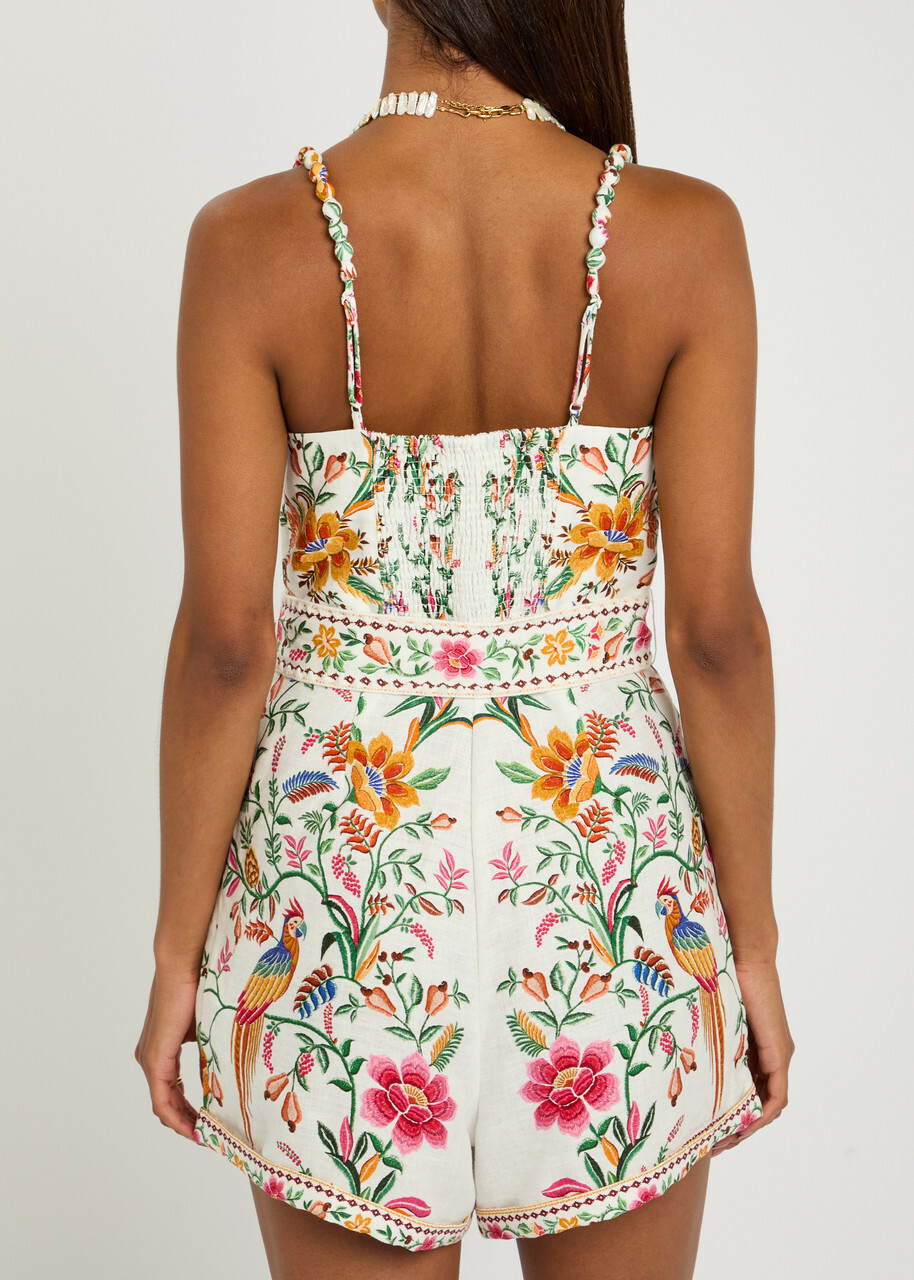 Farm Rio Delicate Forest Printed Linen Romper White