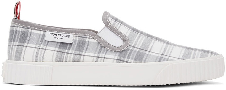 Photo: Thom Browne White & Grey Check Slip-On Heritage Sneakers