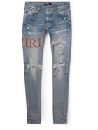 AMIRI - Skinny-Fit Leather-Trimmed Distressed Jeans - Blue