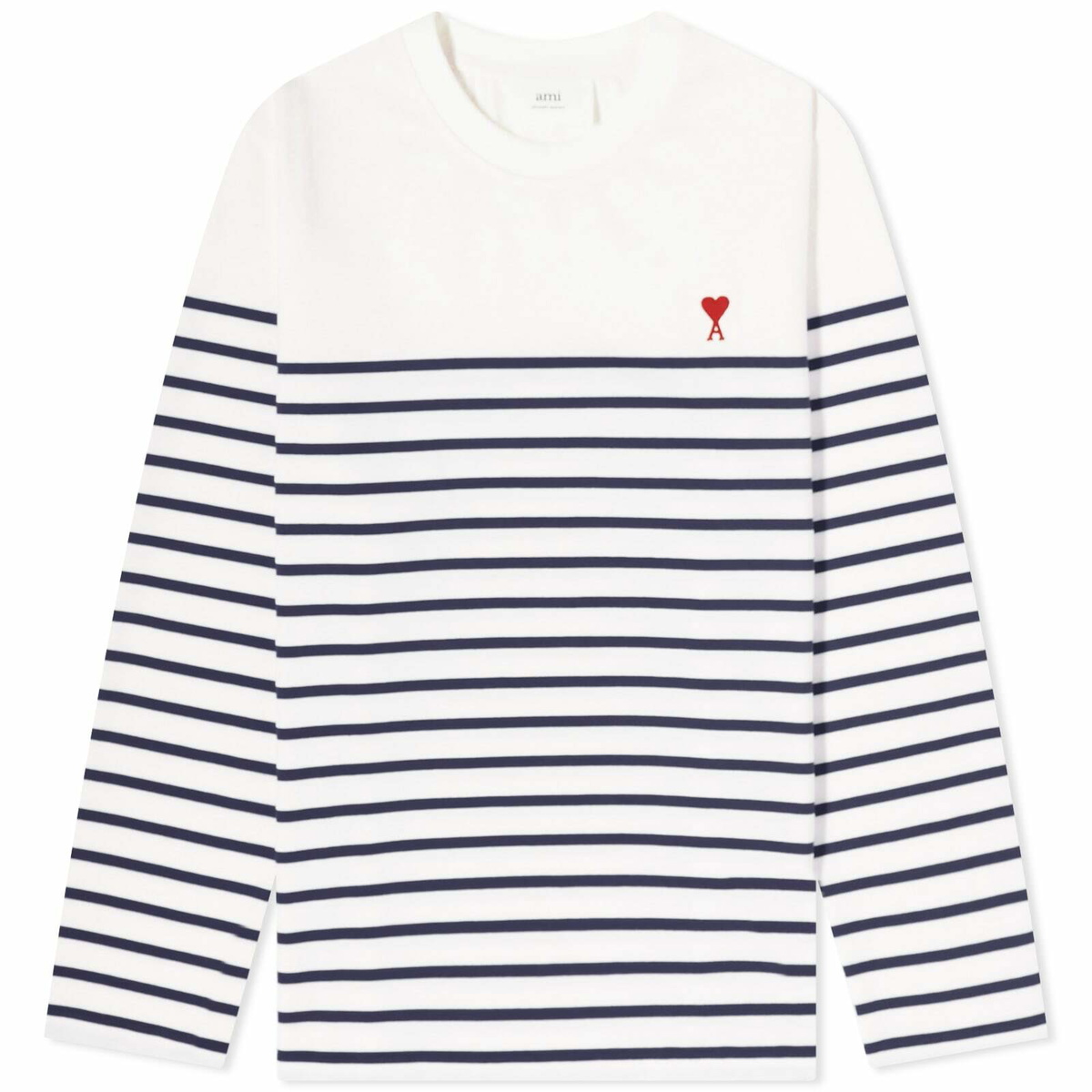 AMI Men's Long Sleeve Breton Stripe ADC T-Shirt in White/Nautic