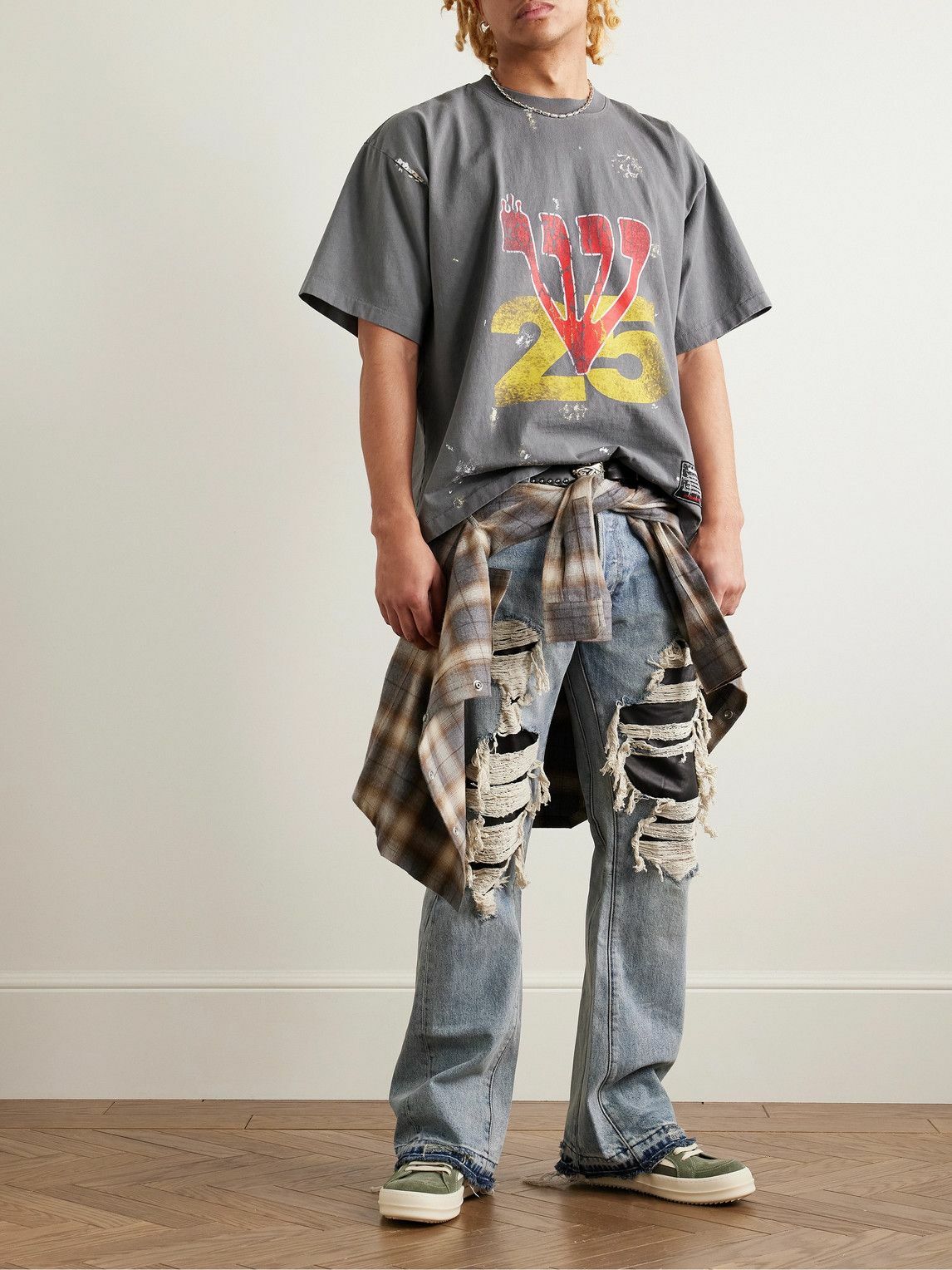 RRR123 - Love Stuff Paint-Splattered Logo-Print Cotton-Jersey T-Shirt - Gray
