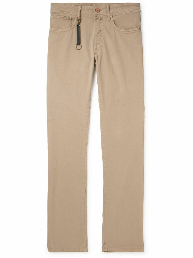 Photo: Incotex - Leather-Trimmed Straight-Leg Jeans - Neutrals