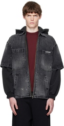 We11done Black Faded Layered Hoodie Denim Jacket