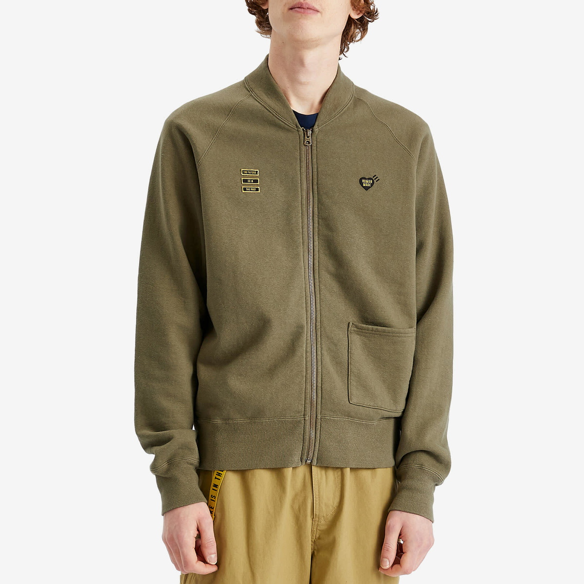 Human Made Men's Heart Zip Jersey Bomber Jacket in Olive Human Made