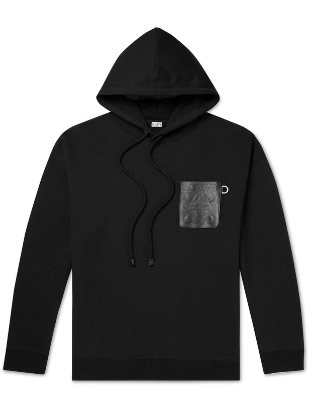 Photo: Loewe - Anagram Leather-Trimmed Cotton-Jersey Hoodie - Black