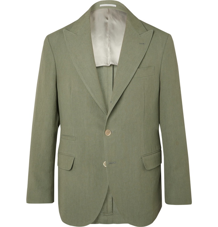 Photo: Brunello Cucinelli - Sage-Green Slim-Fit Unstructured Linen-Hopsack Blazer - Green