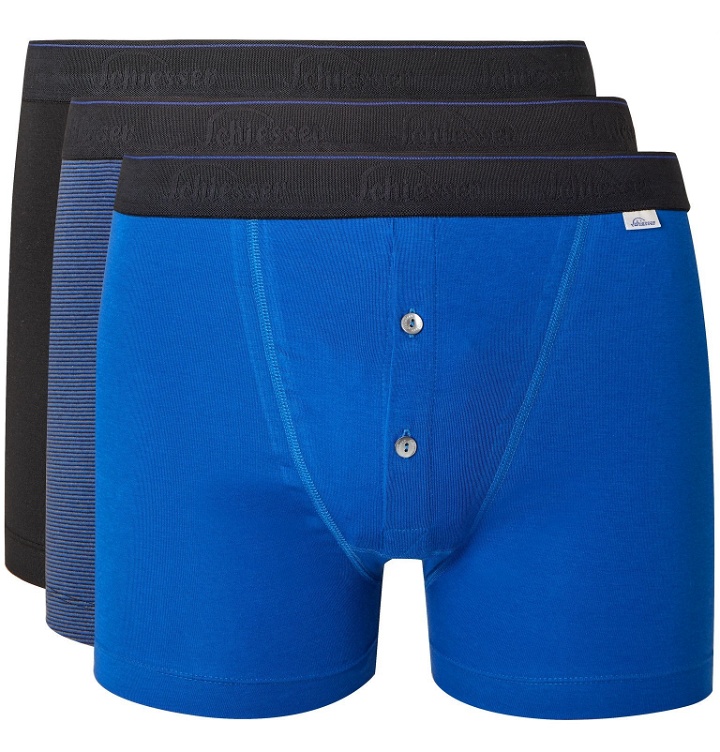 Photo: Schiesser - Ludwig Three-Pack Stretch-Cotton Jersey Boxer Shorts - Blue