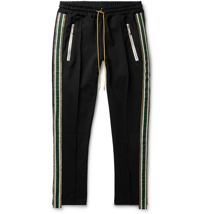 Photo: Rhude - Traxedo Tapered Cropped Webbing-Trimmed Satin-Jersey Drawstring Trousers - Men - Black