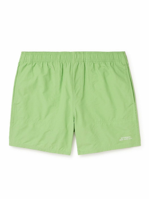 Photo: Saturdays NYC - Talley Straight-Leg Mid-Length Embroidered Swim Shorts - Green