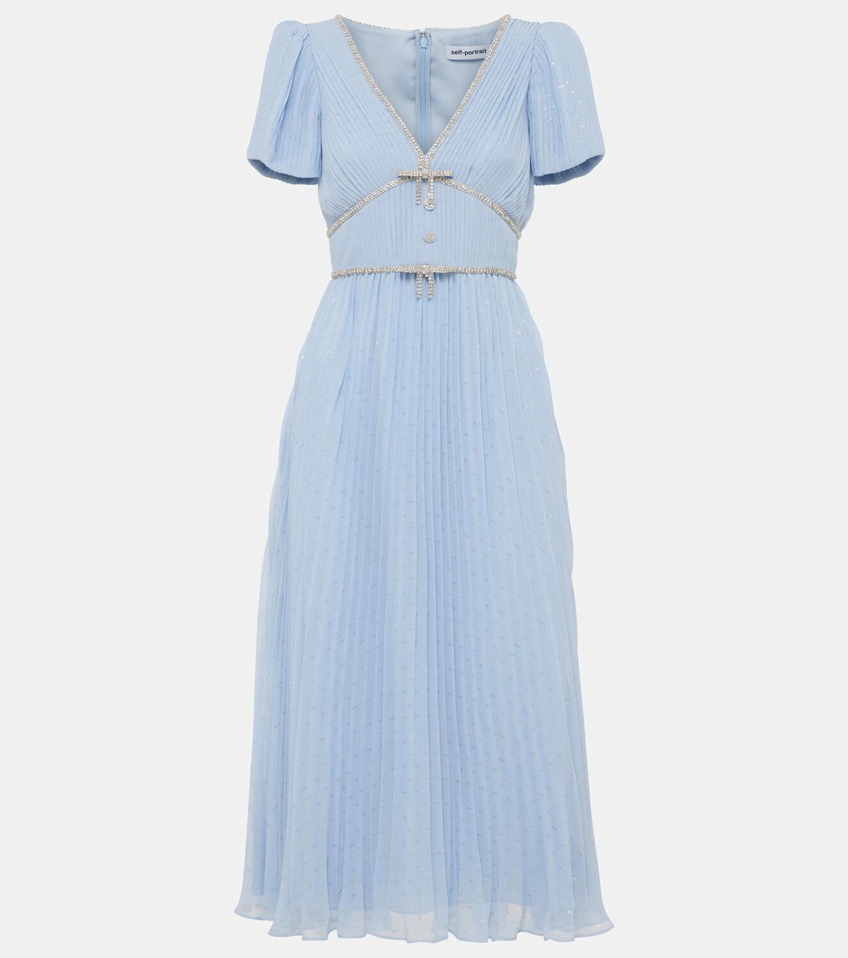 white christmas dresses Blue Chiffon Short Sleeve Midi Dress – self-portrait-US main image 0