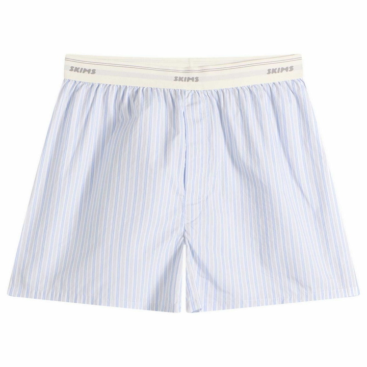 Photo: SKIMS Men's Logo Band Boxer in Platinum Double Stripe