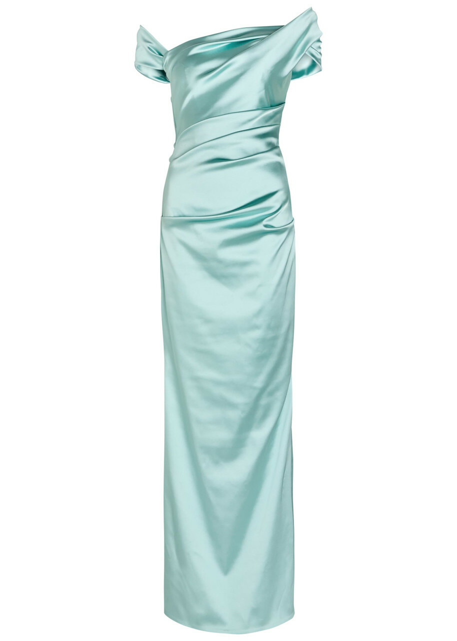 Talbot Runhof Asymmetric Off-the-shoulder Satin Gown Light Blue