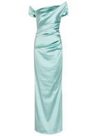 Talbot Runhof Asymmetric Off-the-shoulder Satin Gown Light Blue