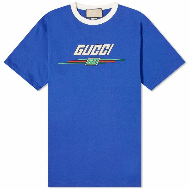 Photo: Gucci Men's Graphic Logo T-Shirt in Admiral Blue