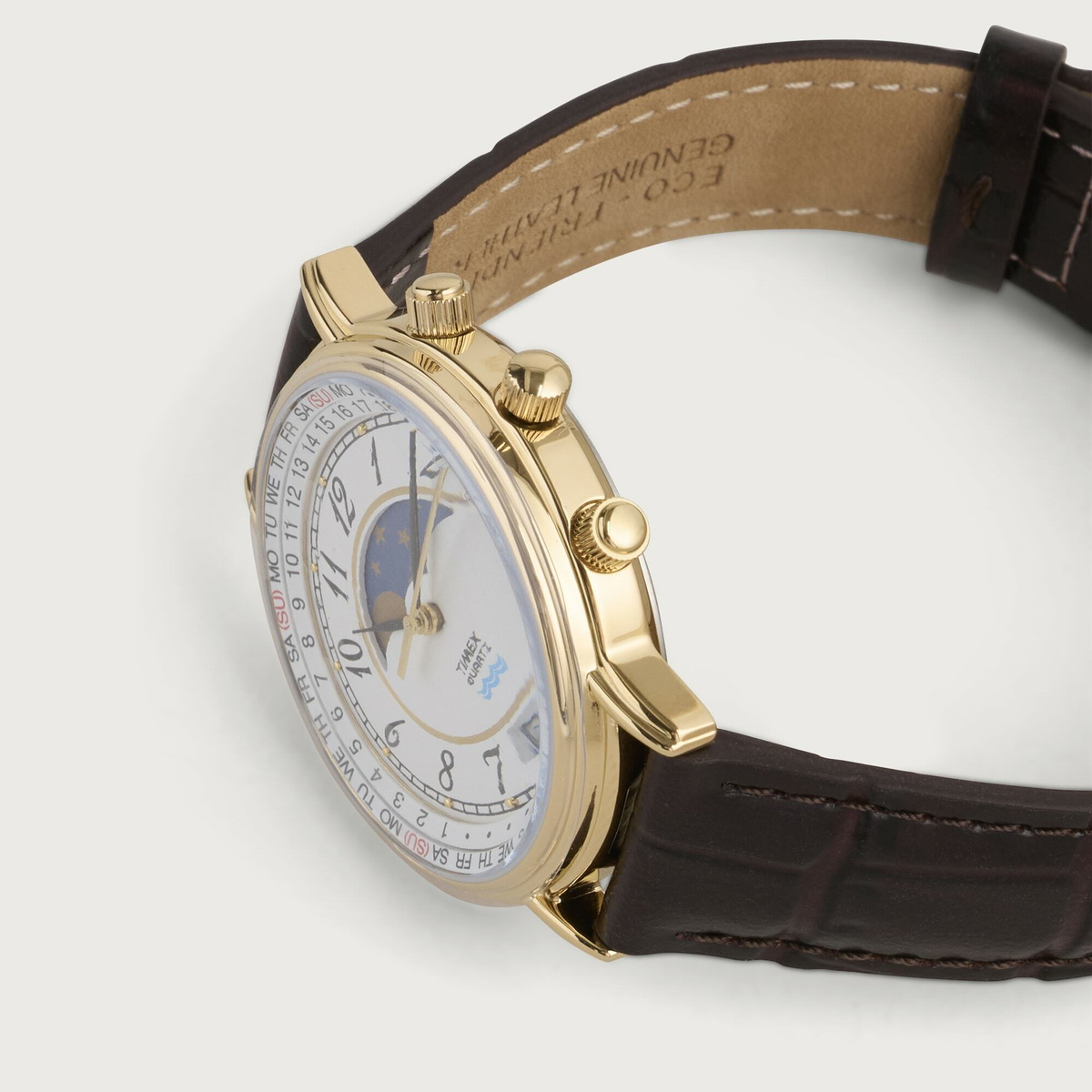 Timex 1990 Moon Phase & Calender Dial Watch in Gold/Brown
