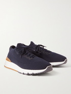 BRUNELLO CUCINELLI - Leather-Trimmed Stretch-Knit Sneakers - Blue