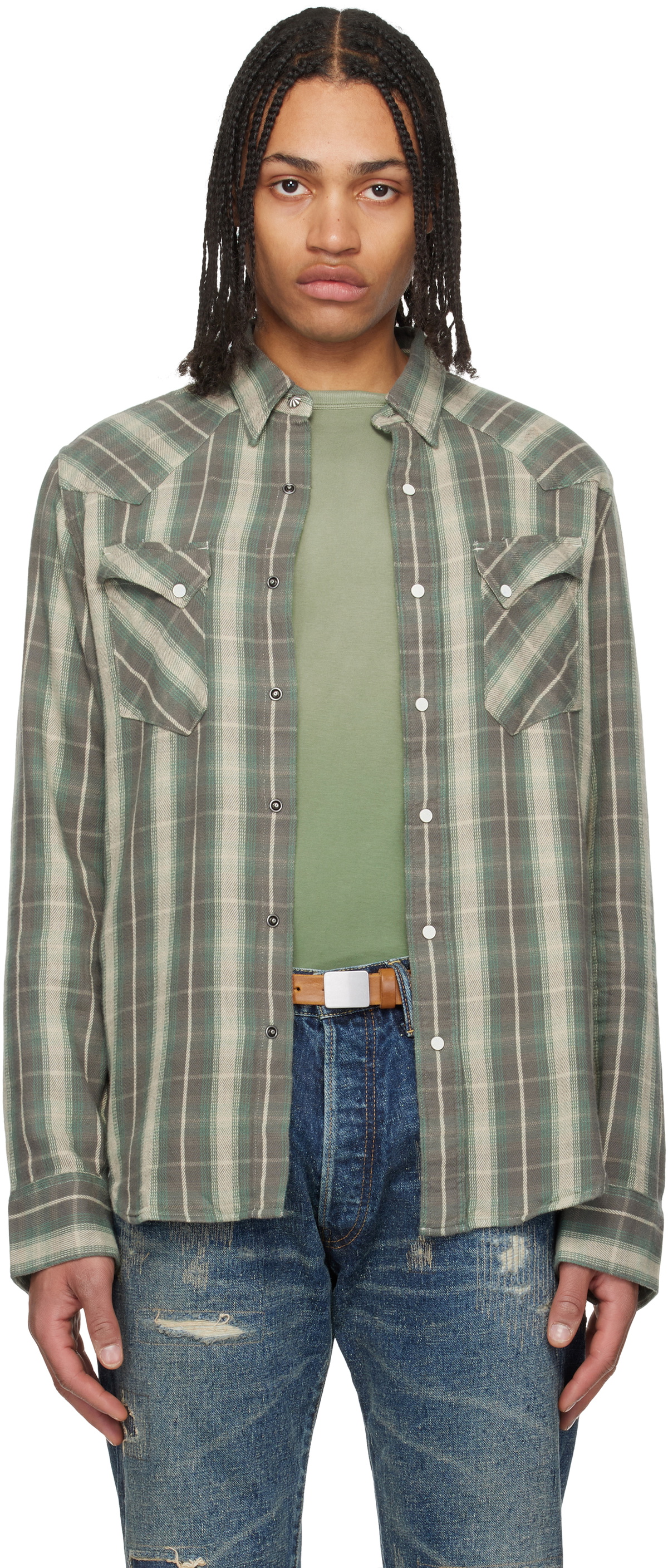 RRL Green & Gray Slim Fit Plaid Twill Western Shirt RRL