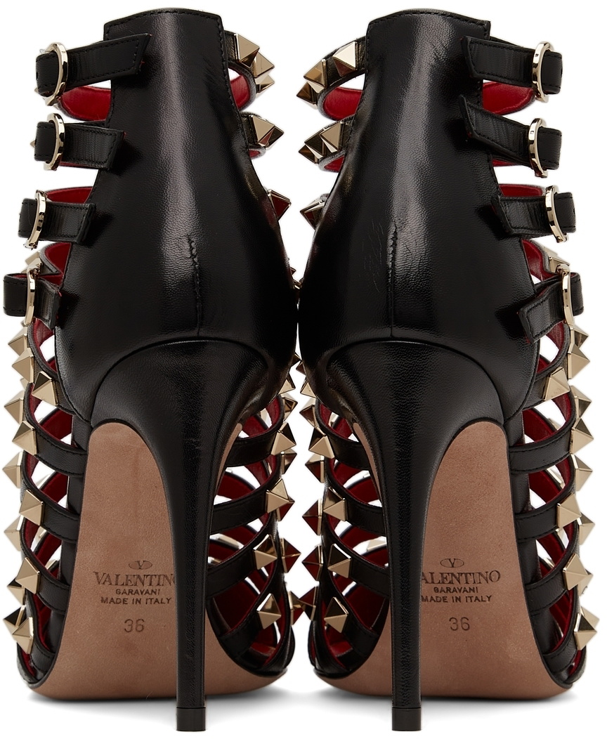 Valentino Garavani Men\'s Black Leather Lace-Up Rock Stud Boots with Red Heel Tab Valentino Garavani Black Rockstud Alcove Boots Valentino  main image 2