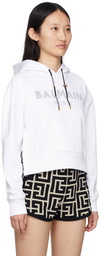 Balmain White Rhinestone Logo Cropped Hoodie