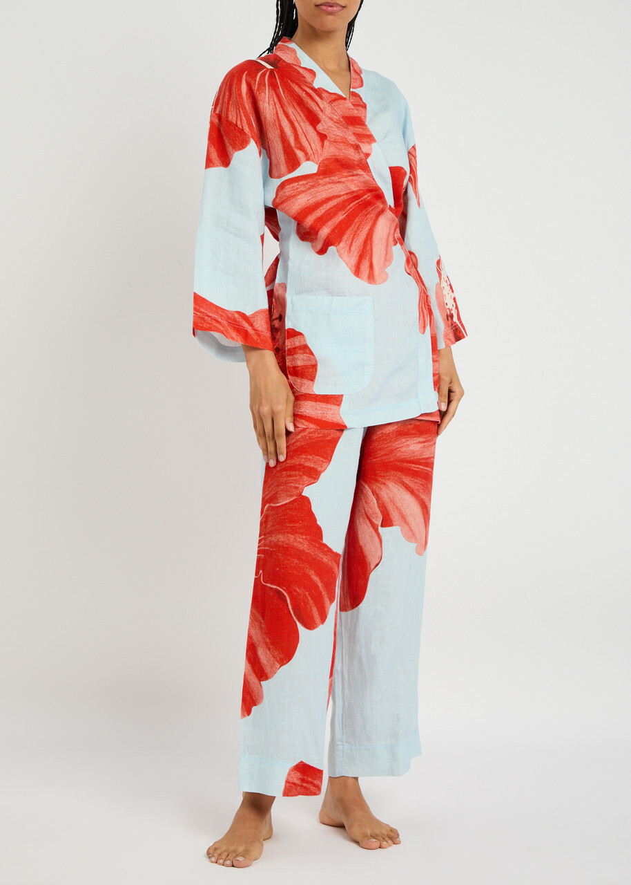 Desmond & Dempsey Grand Hibiscus Printed Linen Pyjama set Red
