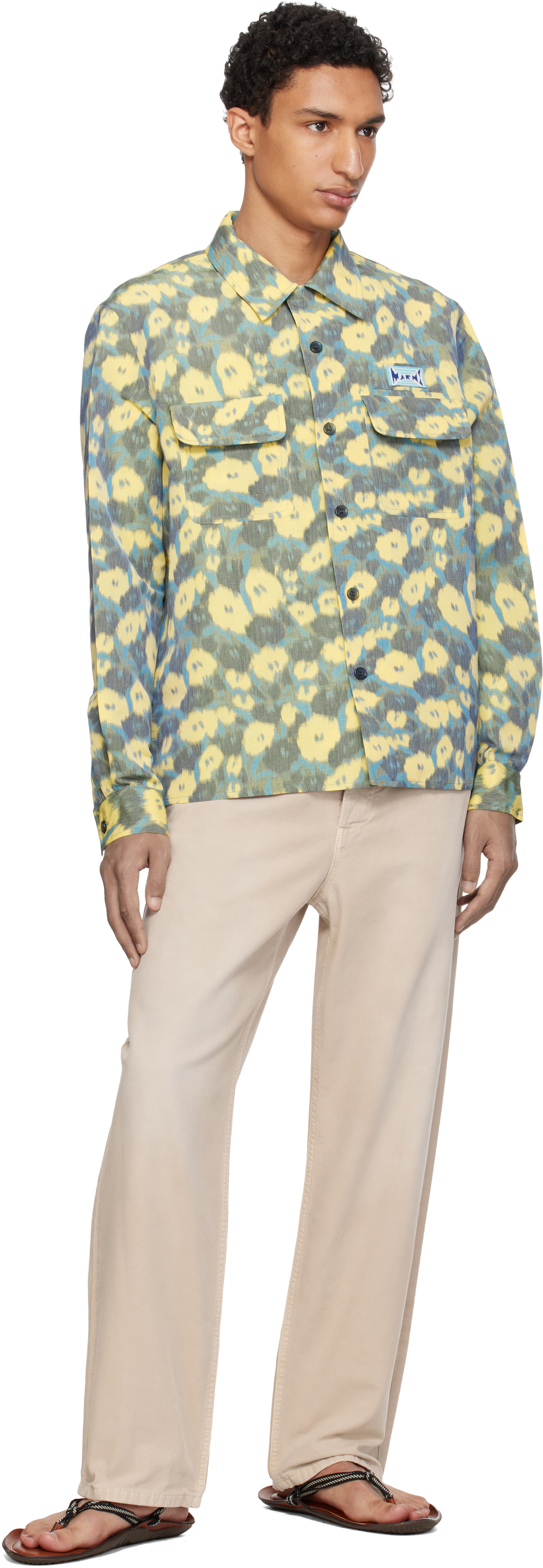 Marni Green & Yellow Linen Blend Blurry Floral Print Shirt