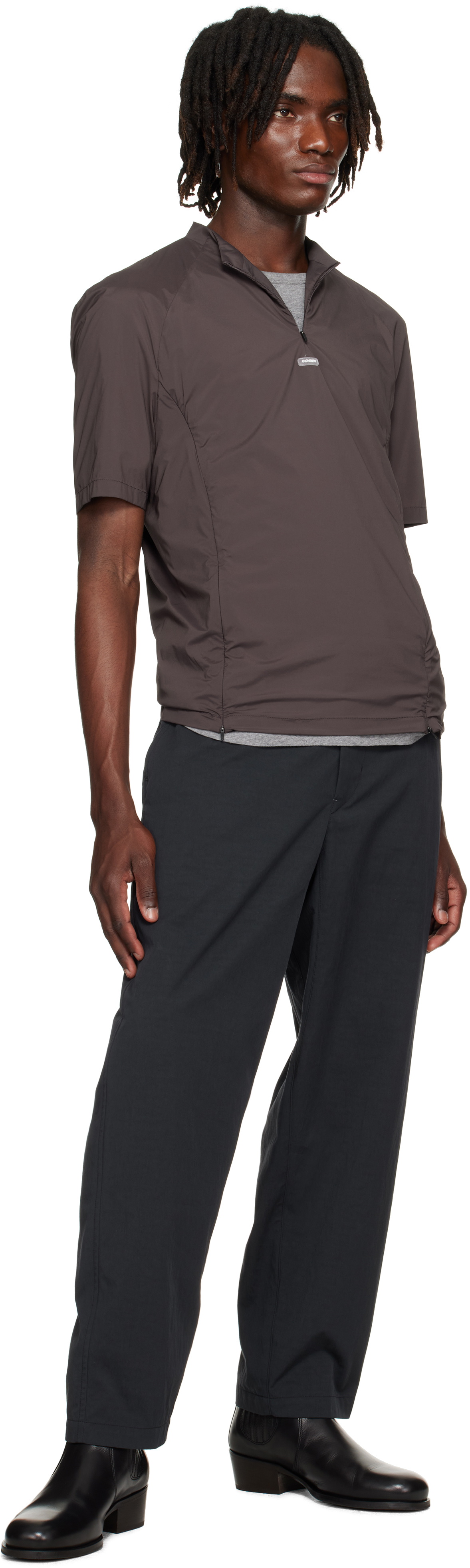 AMOMENTO Brown Mock Neck Zip T-shirt