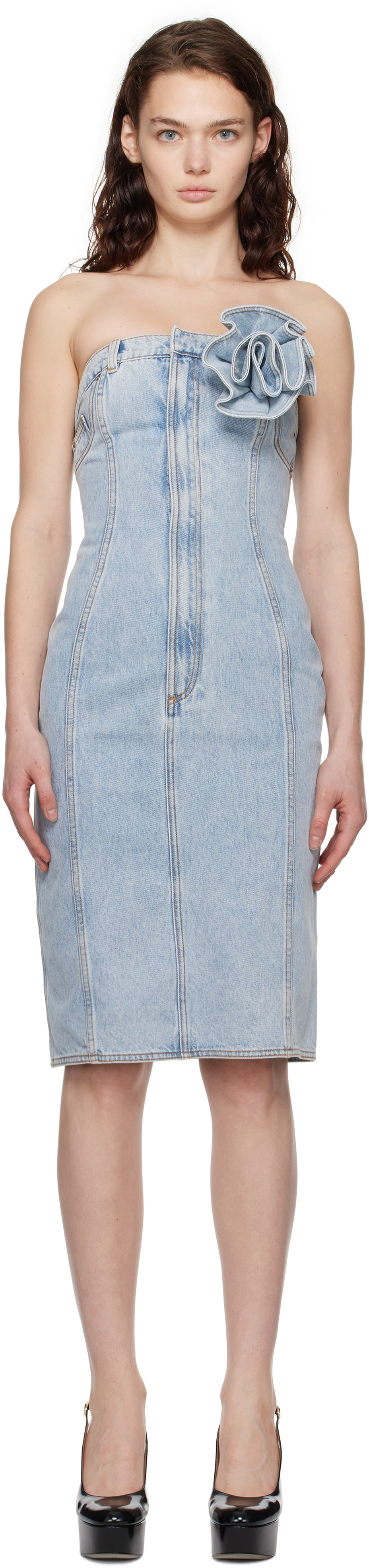 AREA Blue Flower Corsage Strapless Denim Midi Dress