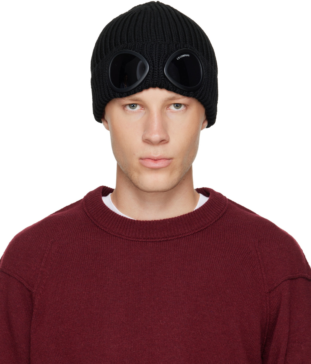 C.P. Company Black Extrafine Merino Wool Goggle Beanie