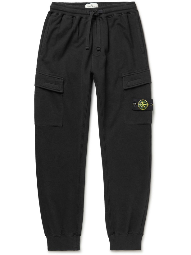 Photo: Stone Island - Slim-Fit Tapered Logo-Appliquéd Cotton-Jersey Cargo Sweatpants - Black