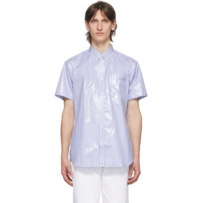 Photo: Comme des Garcons Shirt Blue Laminated Poplin Striped Shirt