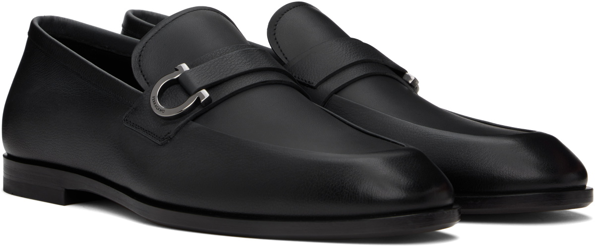 Ferragamo Black Calf Leather Bos Taurus Slip-On Loafers
