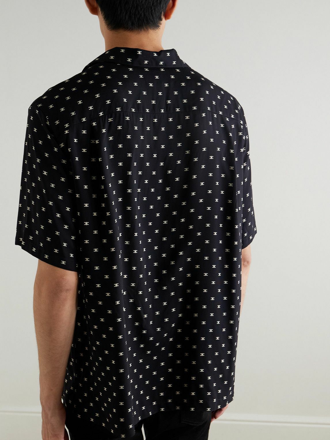 CELINE - Convertible-Collar Logo-Print Silk-Satin Shirt - Black