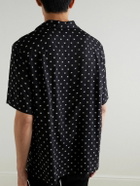 CELINE - Convertible-Collar Logo-Print Silk-Satin Shirt - Black