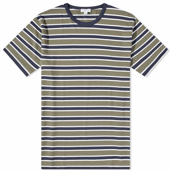 Photo: Sunspel Men's Breton Stripe T-Shirt in Navy/Hunter Green Stripe