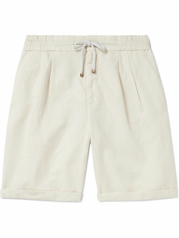 Photo: Brunello Cucinelli - Wide-Leg Pleated Linen and Cotton-Blend Drawstring Shorts - Neutrals