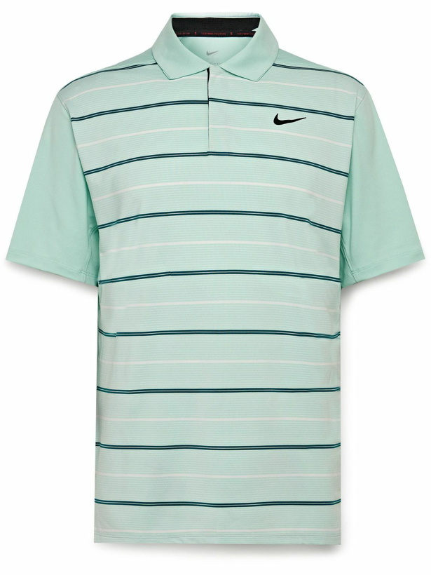 Photo: Nike Golf - Tiger Woods Logo-Print Striped Dri-FIT Golf Shirt - Green