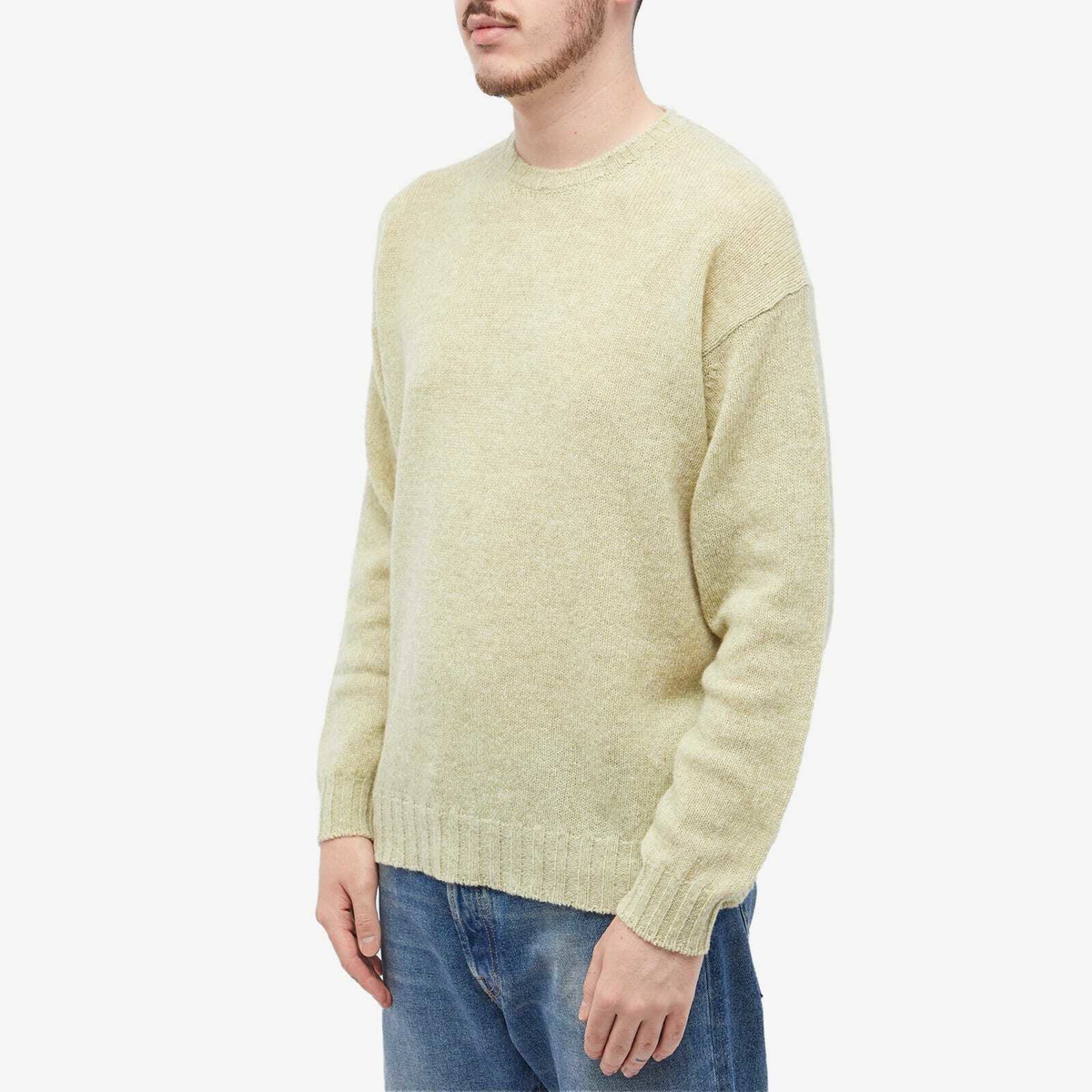 Auralee Men's Shetland Wool Cashmere Crew Knit in Yellow Green