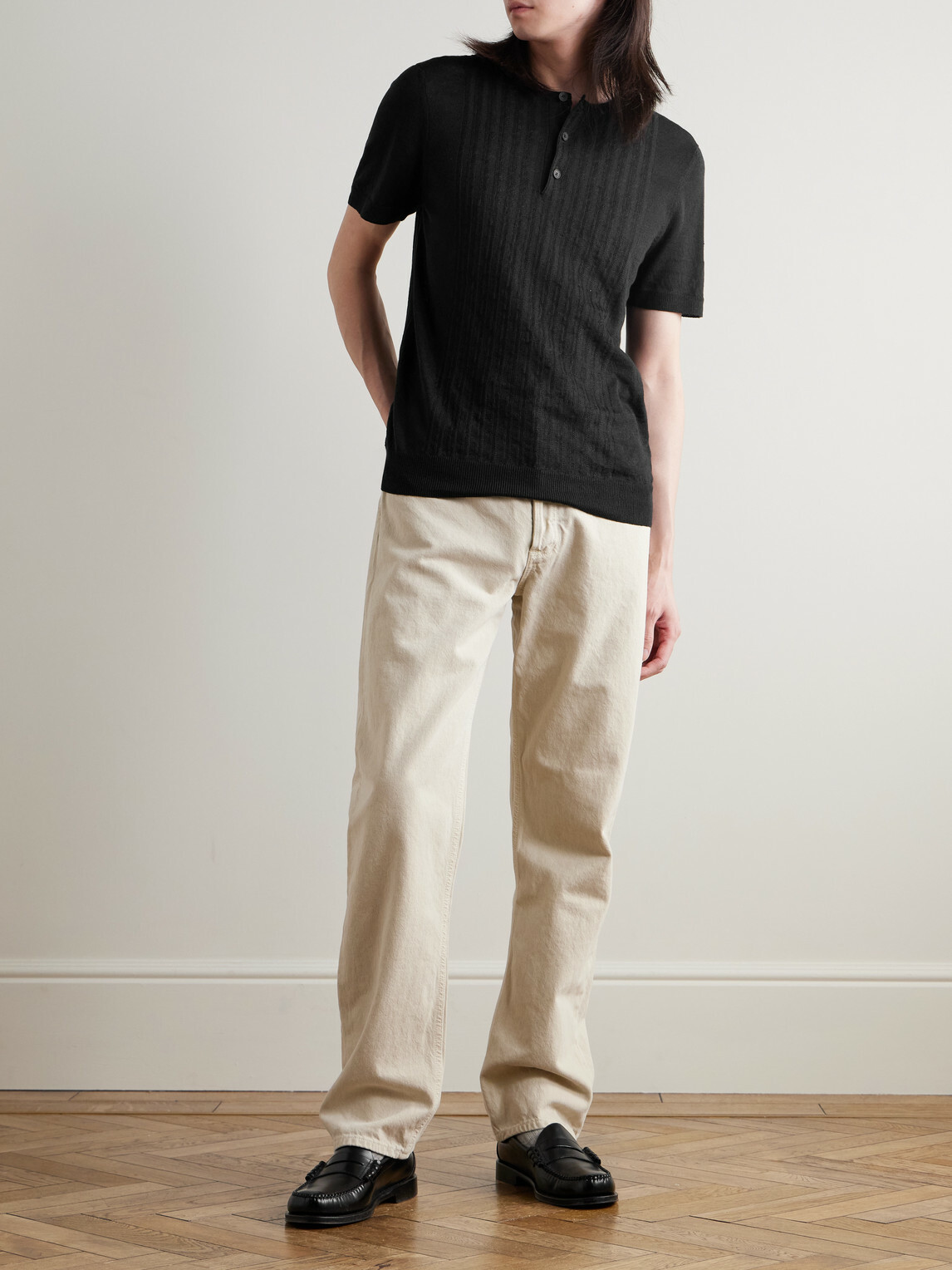 Mr P. - Pointelle-Knit Linen and Cotton-Blend Henley T-Shirt - Black