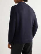 Zegna - Leather-Trimmed Waffle-Knit Wool and Cashmere Half-Zip Sweater - Blue