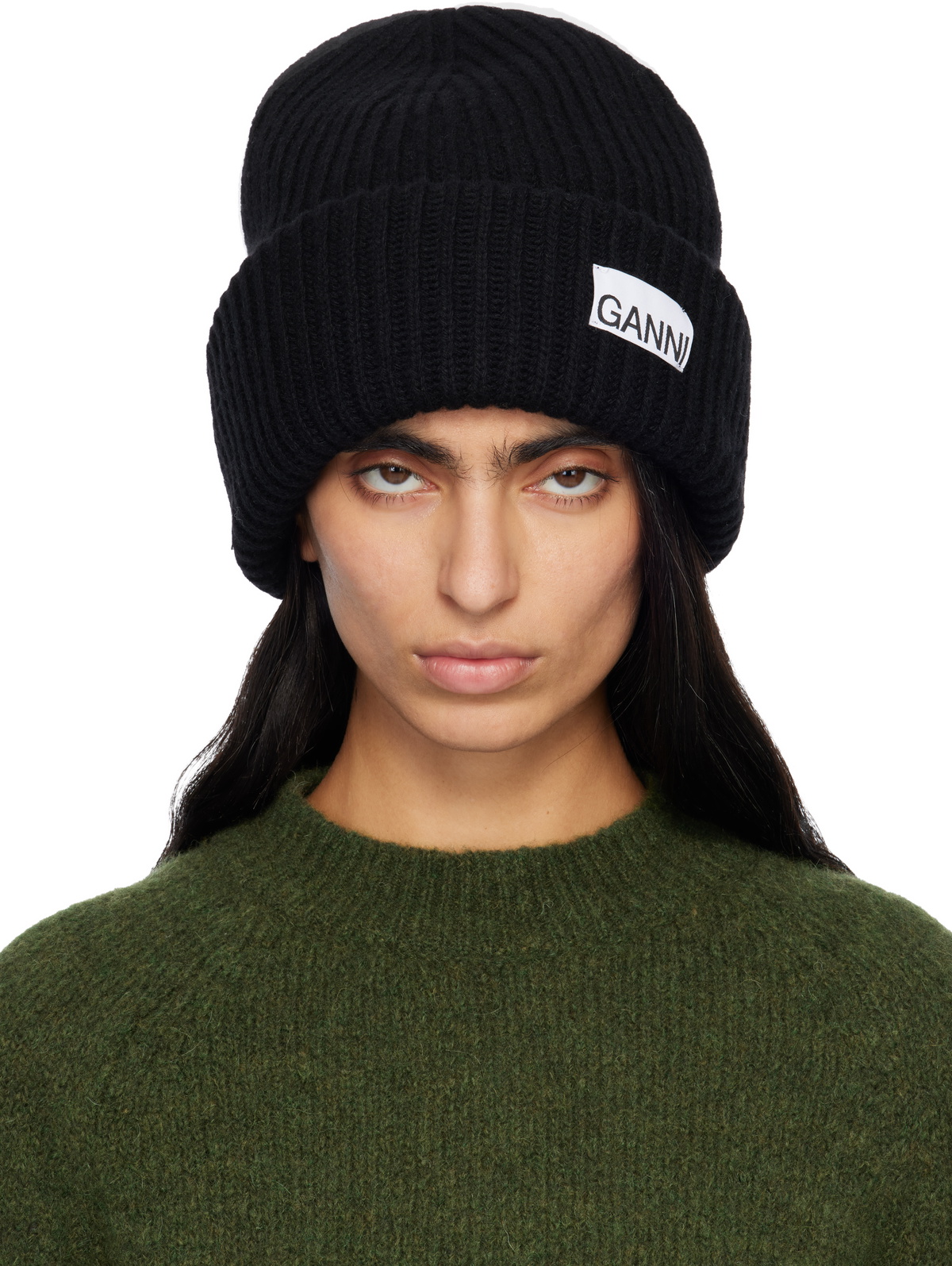 GANNI Black Oversized Wool Rib Knit Beanie GANNI