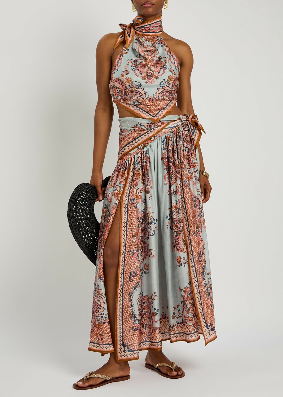 Zimmermann Aster Scarf Printed Silk Midi Skirt Blue