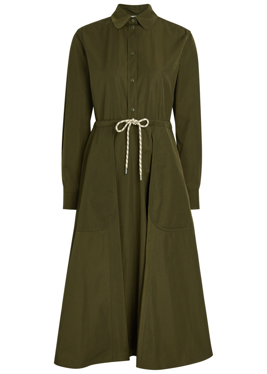 Moncler Drawstring Poplin Midi Shirt Dress Dark Green