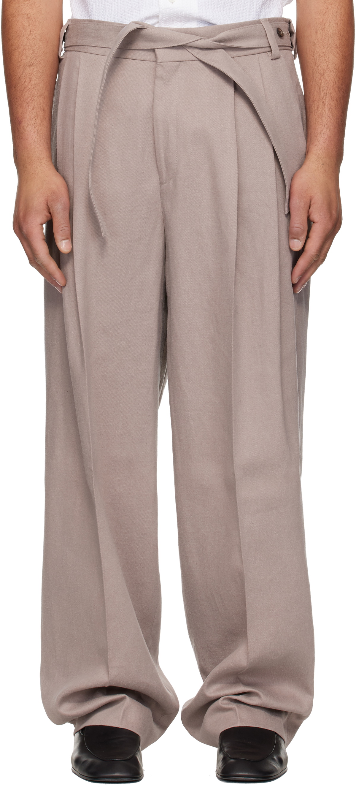 Hugo Taupe Fashion-Fit Front Pleat Belt Detail Trousers