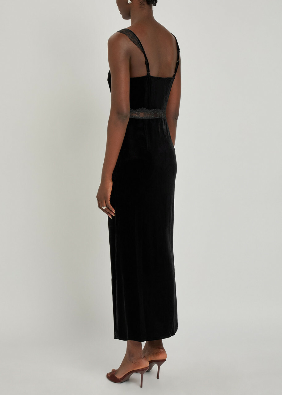 Never Fully Dressed Lace-embellished Velvet Midi Dress Black
