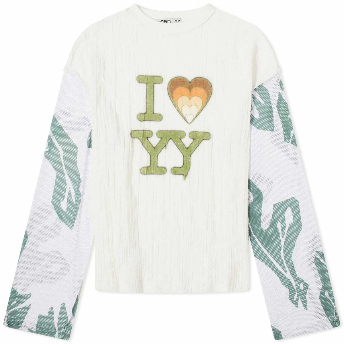 OPEN YY Women's I Love YY Mesh Sleeve T-Shirt in White OPEN YY