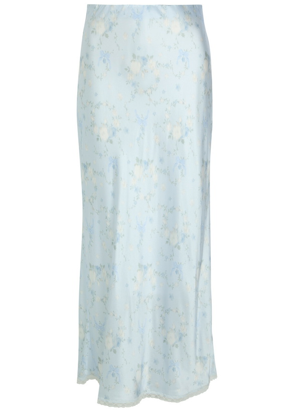 Photo: Loveshackfancy Kalo Floral-print Silk Midi Slip Skirt Light Blue