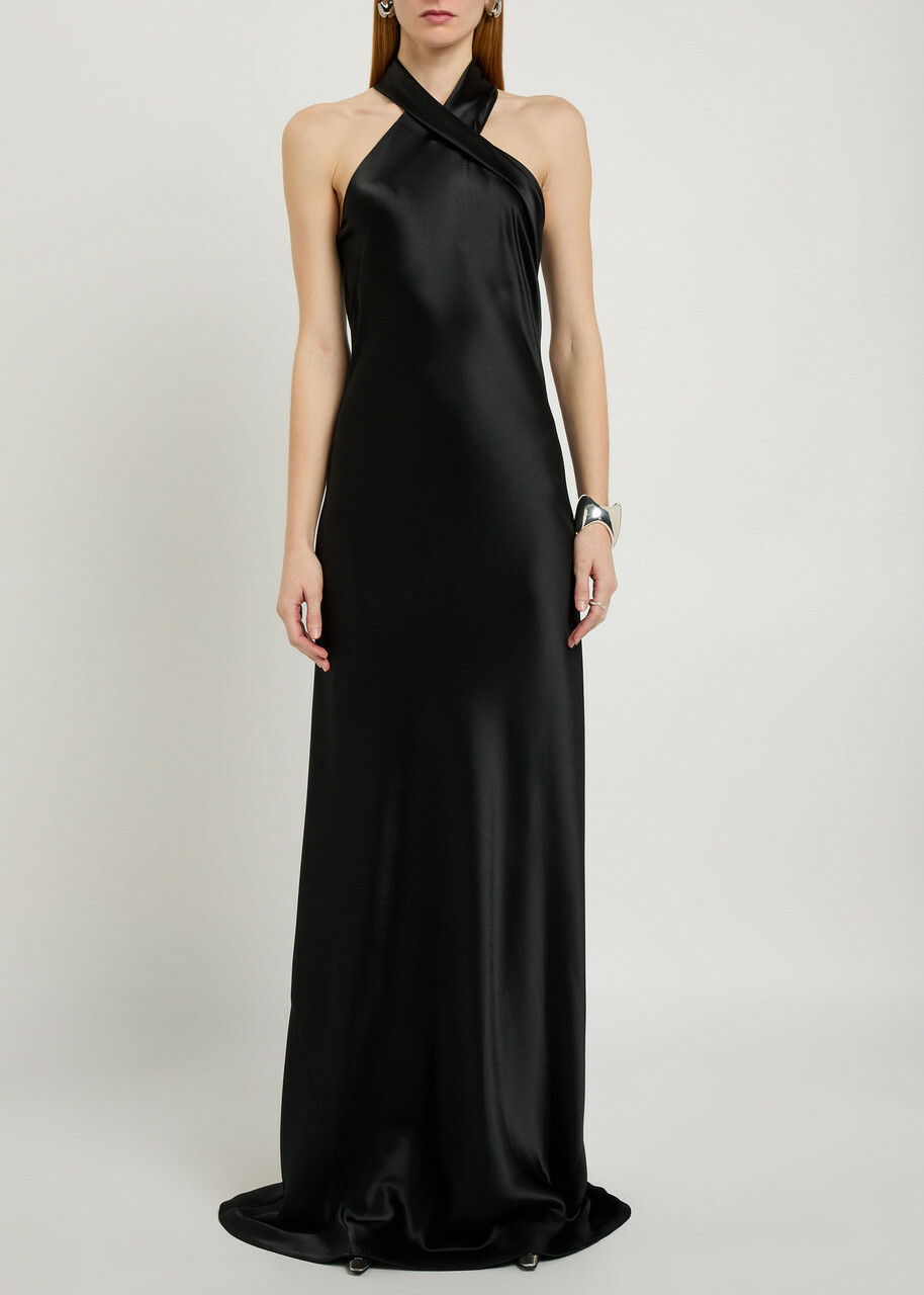 Galvan Pandora Cascading Satin Gown Black