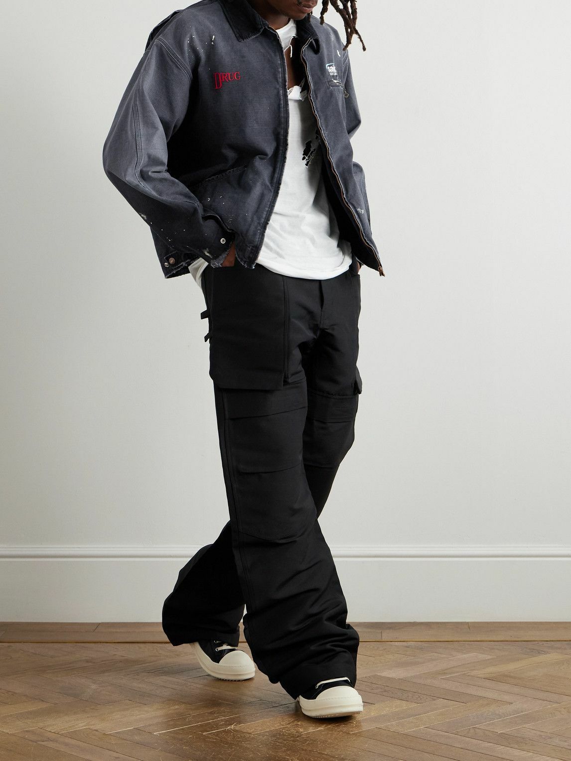 SAINT MXXXXXX - Corduroy-Trimmed Logo-Embroidered Distressed Cotton-Canvas Jacket - Black