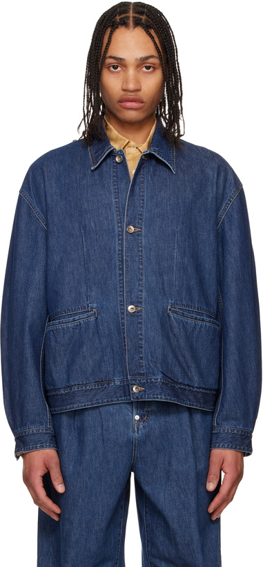 Photo: SOSHIOTSUKI Blue Manipulation Drape Pocket Washed Denim Jacket